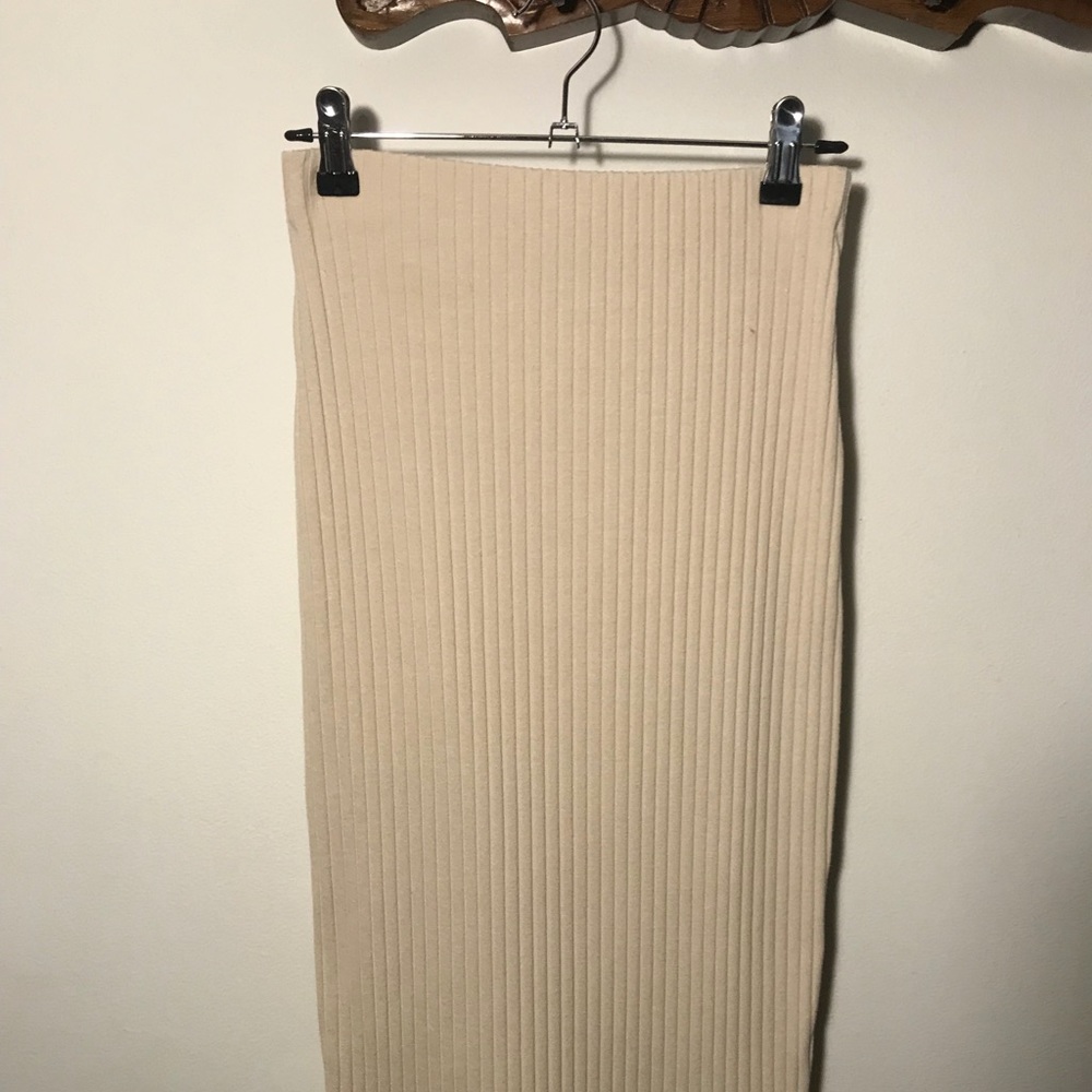 High Rise Knee Length Ribbed Pencil Skirt - Nude